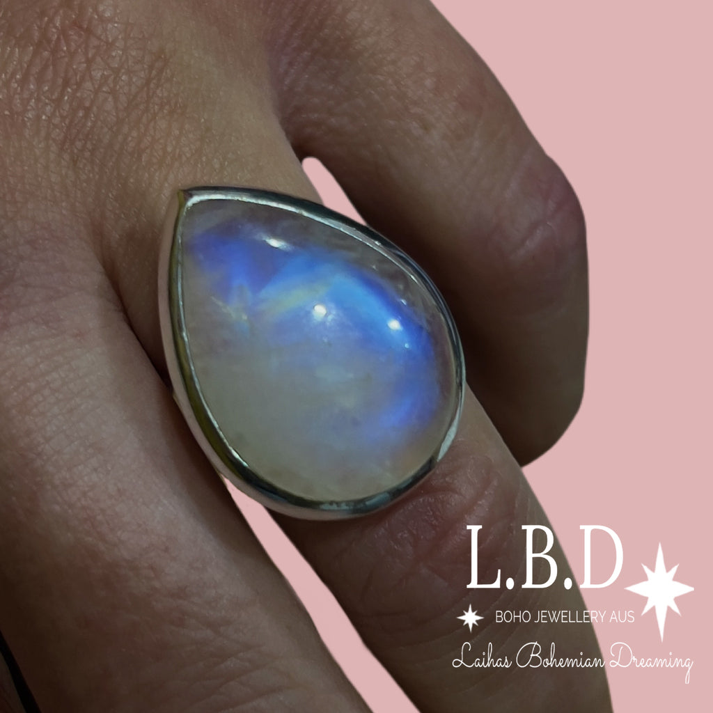 Laihas Classic Chic Raindrop XLARGE Moonstone Ring Gemstone Sterling Silver Ring Laihas Bohemian Dreaming -L.B.D