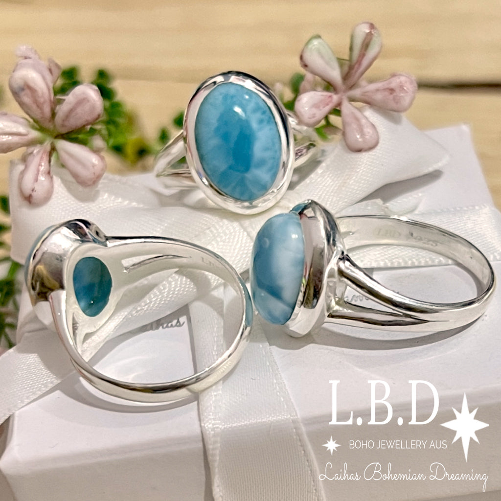 Laihas Classic Chic Oval Larimar Ring Gemstone Sterling Silver Ring Laihas Bohemian Dreaming -L.B.D