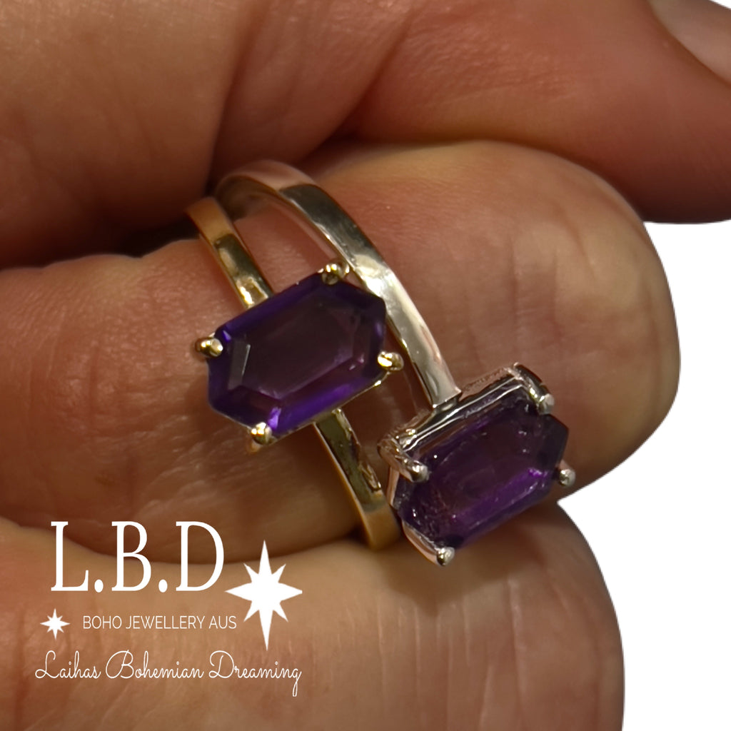 Laihas Gold Mini Hex Crystal Amethyst Ring Gemstone Gold Ring Laihas Bohemian Dreaming -L.B.D