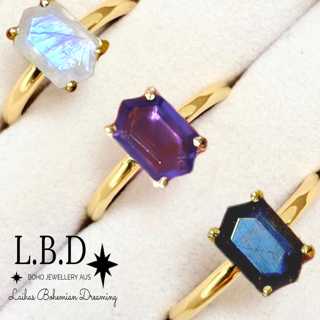 Laihas Gold Mini Hex Crystal Moonstone Ring Gemstone Gold Ring Laihas Bohemian Dreaming -L.B.D