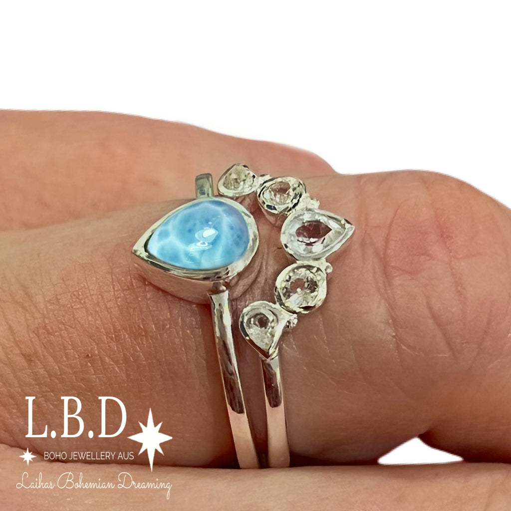 Laihas Queen Of Cups Topaz and Larimar Ring Set Gemstone Sterling Silver Ring Laihas Bohemian Dreaming -L.B.D