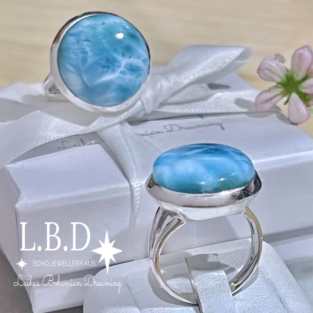 Larimar Ring- Large Round Classic Chic Gemstone Sterling Silver Ring Laihas Bohemian Dreaming -L.B.D