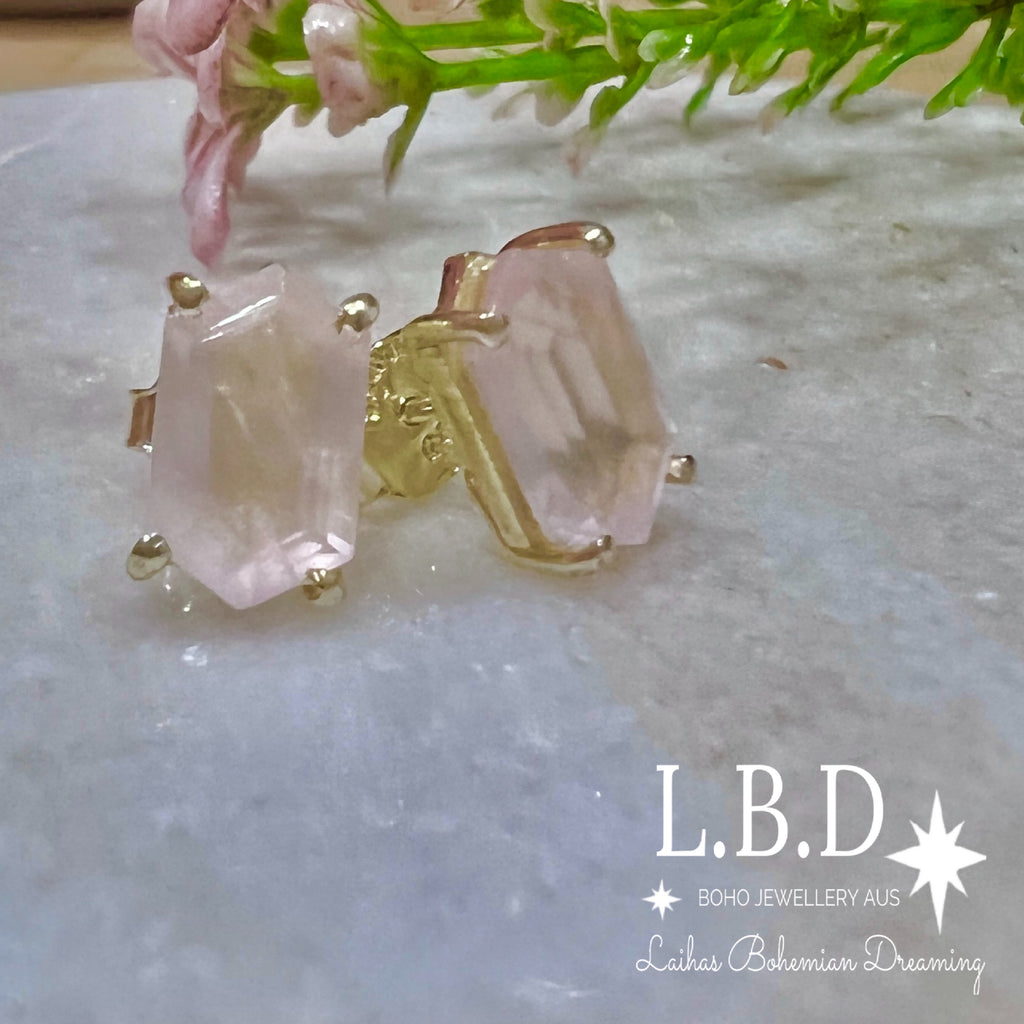 Laihas Hex Crystal Gold Rose Quartz Stud Earrings Gold Gemstone earrings Laihas Bohemian Dreaming -L.B.D