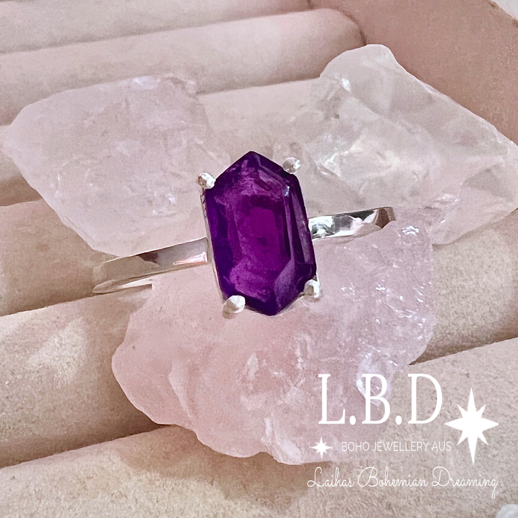 Laihas Mini Hex Crystal Amethyst Ring Gemstone Sterling Silver Ring Laihas Bohemian Dreaming -L.B.D