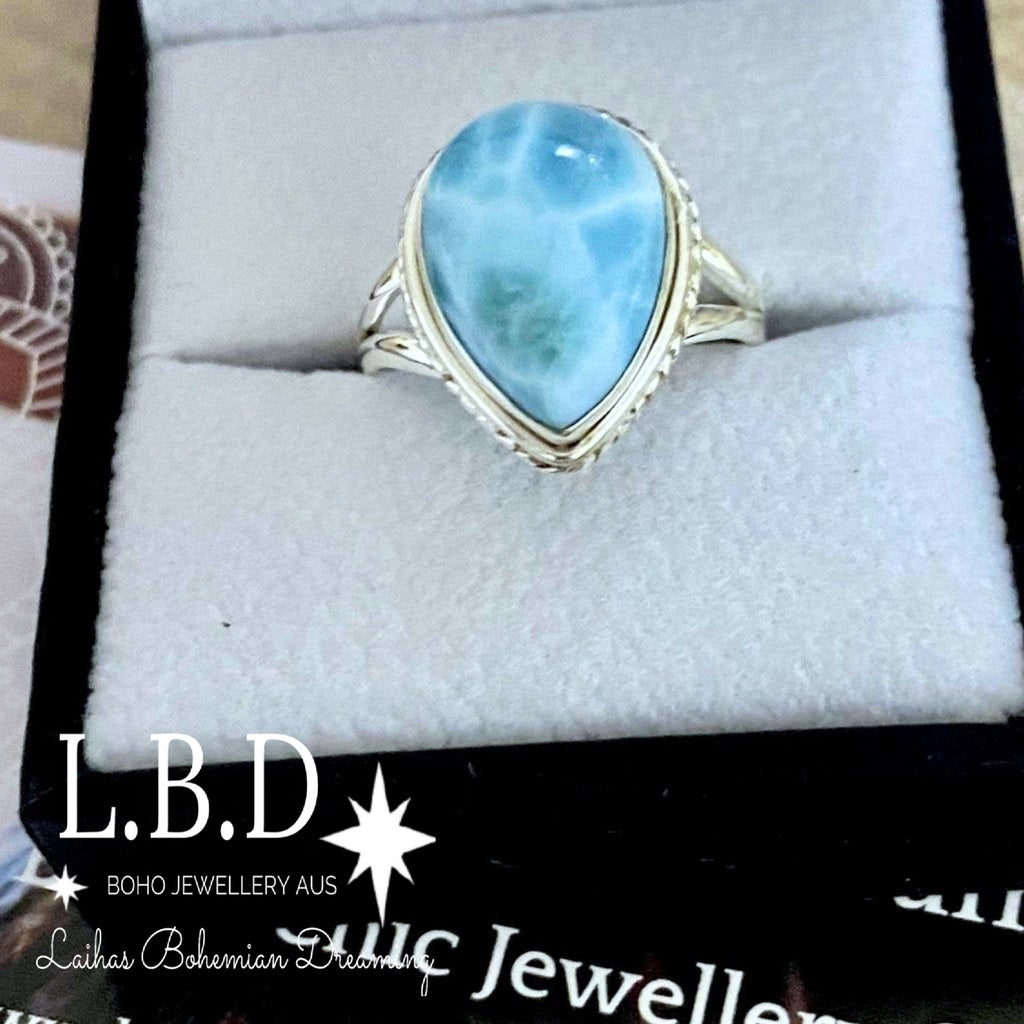 Larimar Ring- Laihas Twisted Raindrop Gemstone Sterling Silver Ring Laihas Bohemian Dreaming -L.B.D