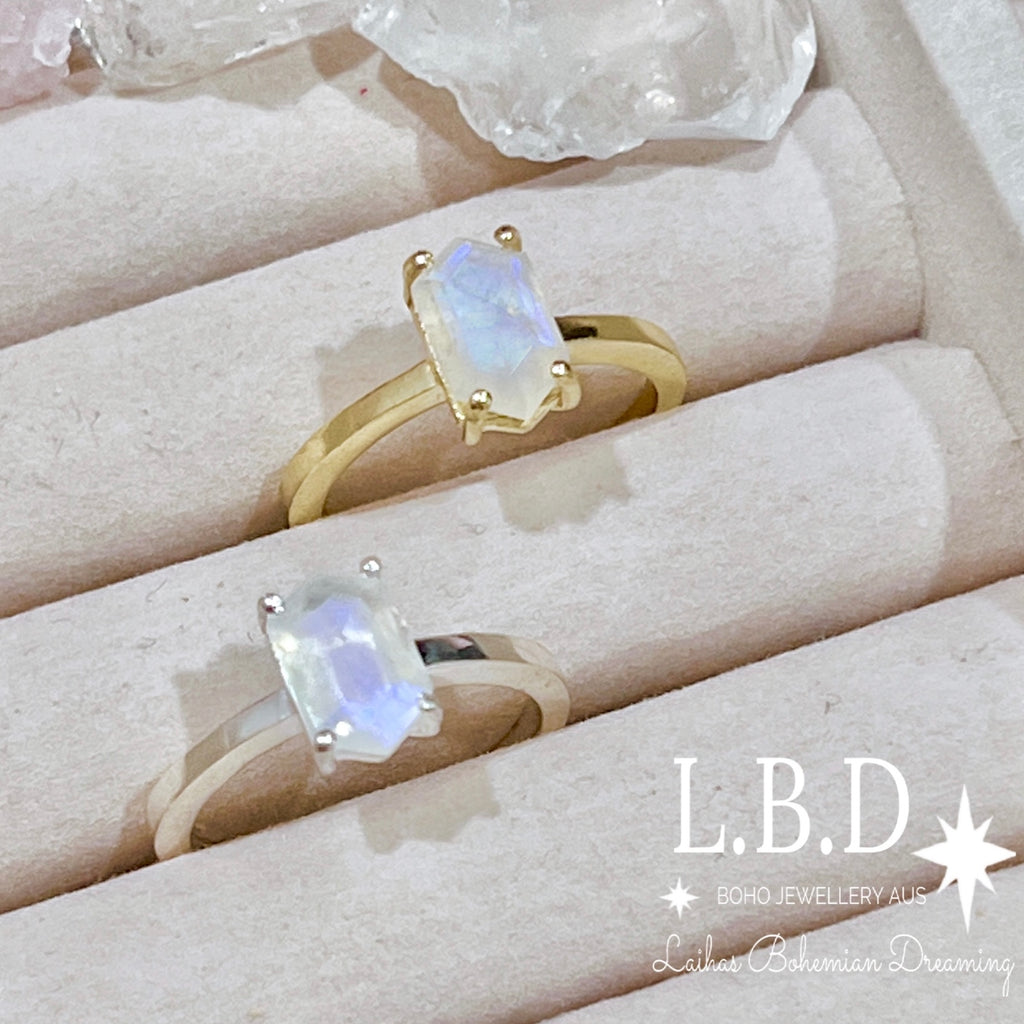 Laihas Mini Hex Crystal Moonstone Ring Gemstone Sterling Silver Ring Laihas Bohemian Dreaming -L.B.D