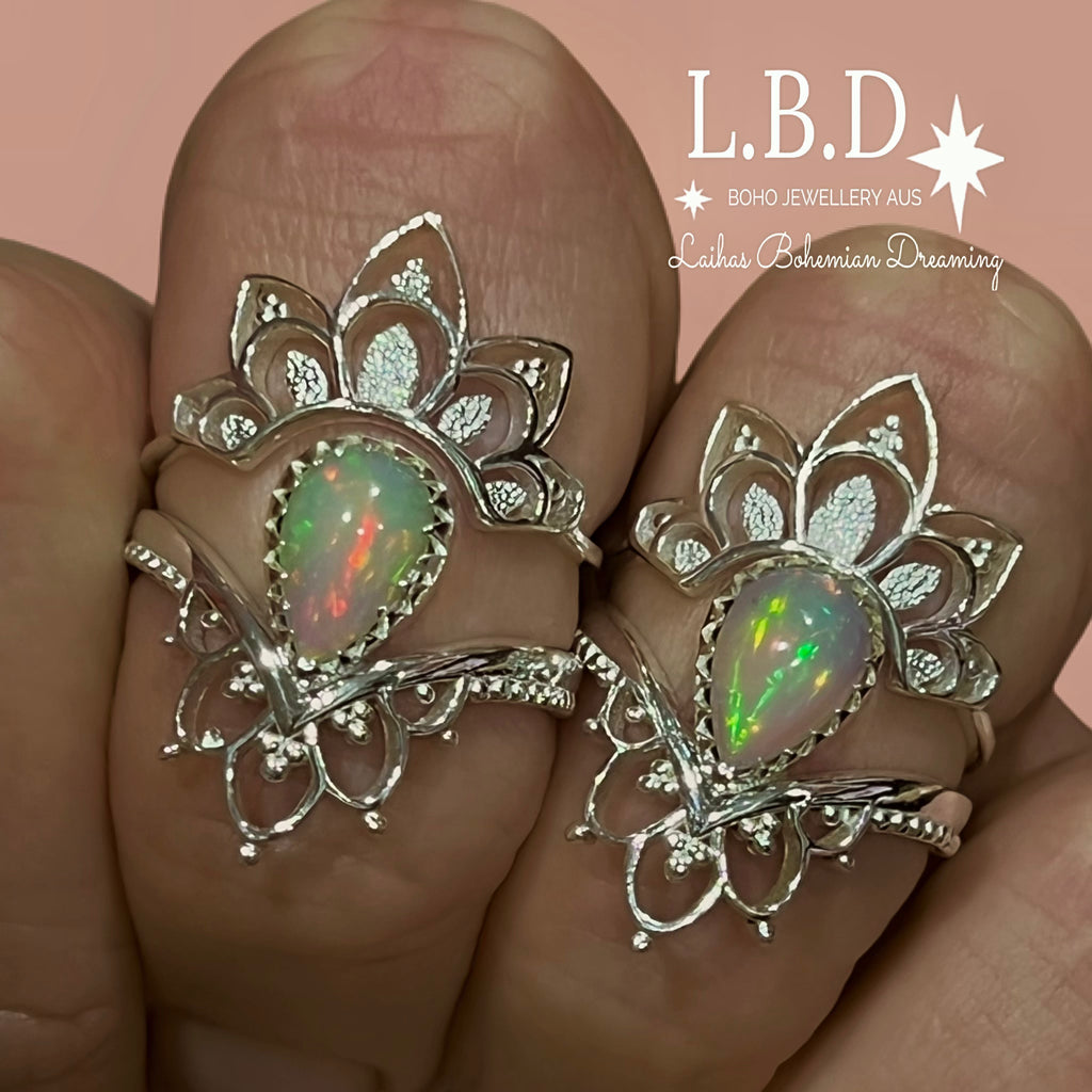 Laihas Daisly Boho Genuine Opal Ring Set Gemstone Sterling Silver Ring Laihas Bohemian Dreaming -L.B.D