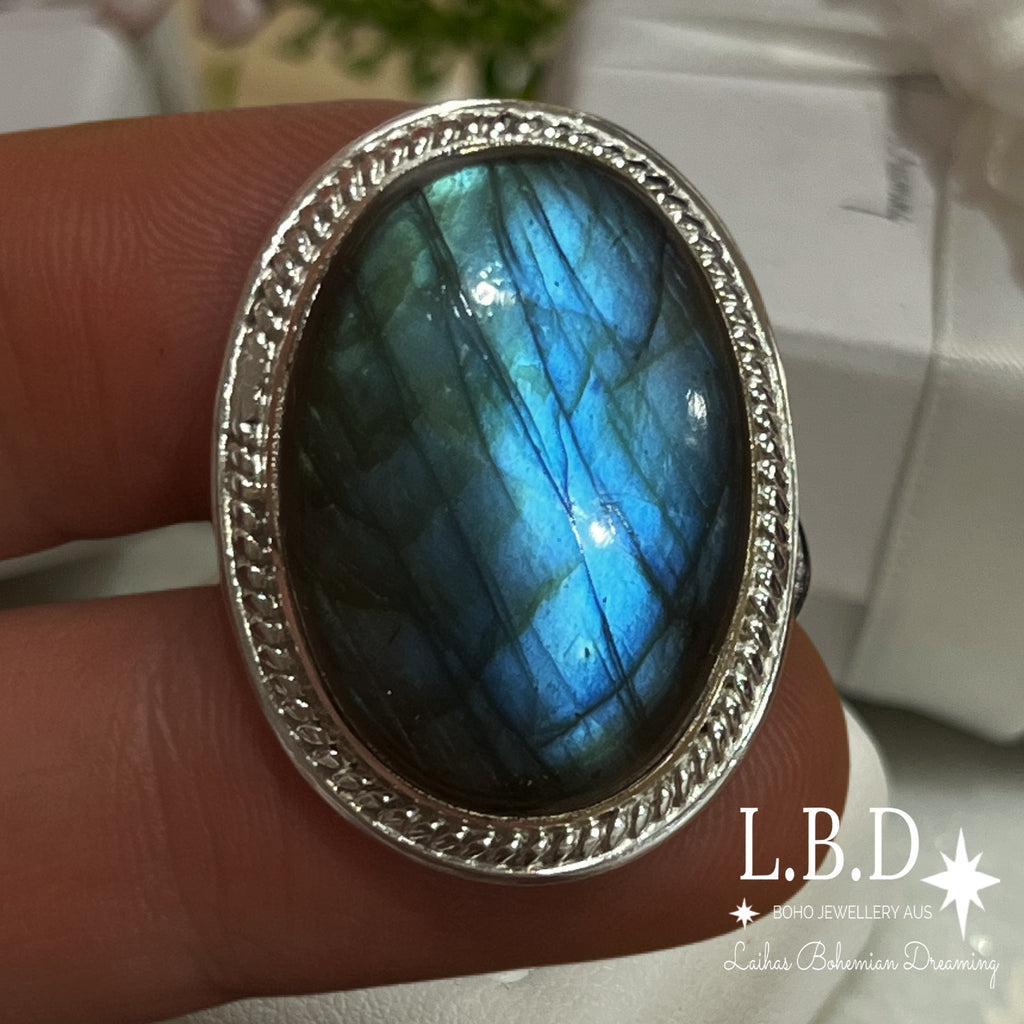 Gleaming Boho Statement Labradorite Ring - LBD Gemstone Sterling Silver Ring Laihas Bohemian Dreaming -L.B.D