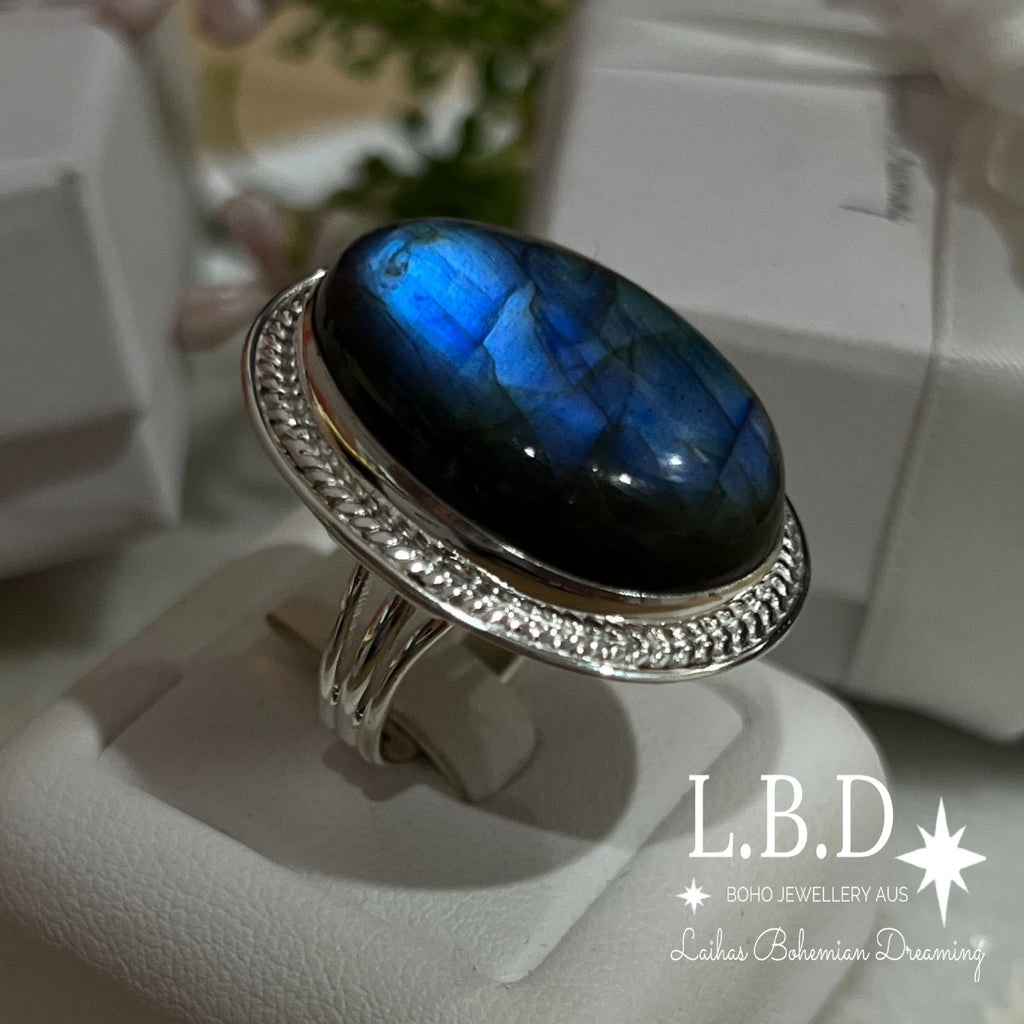 Gleaming Boho Statement Labradorite Ring - LBD Gemstone Sterling Silver Ring Laihas Bohemian Dreaming -L.B.D