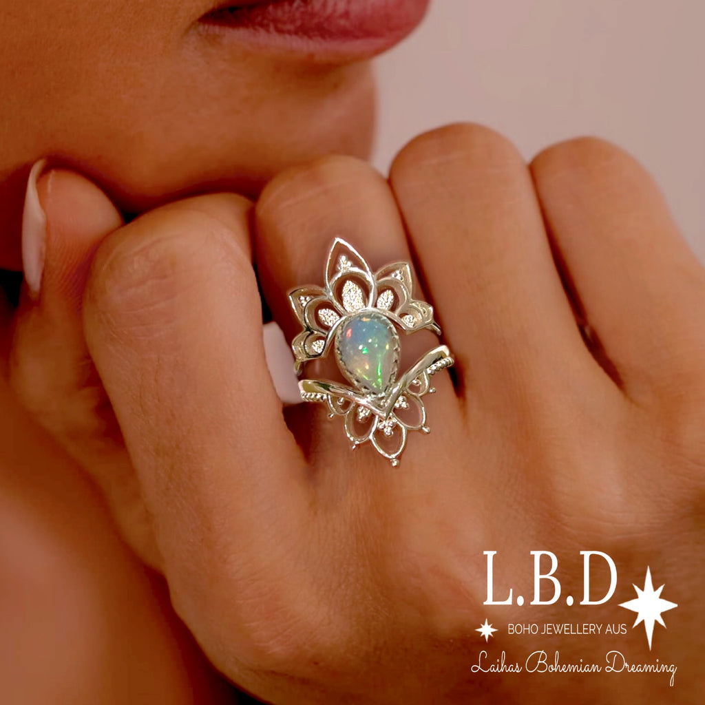 Laihas Daisly Boho Genuine Opal Ring Set Gemstone Sterling Silver Ring Laihas Bohemian Dreaming -L.B.D