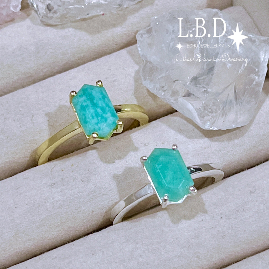 Laihas Mini Hex Crystal Amazonite Ring Gemstone Sterling Silver Ring Laihas Bohemian Dreaming -L.B.D