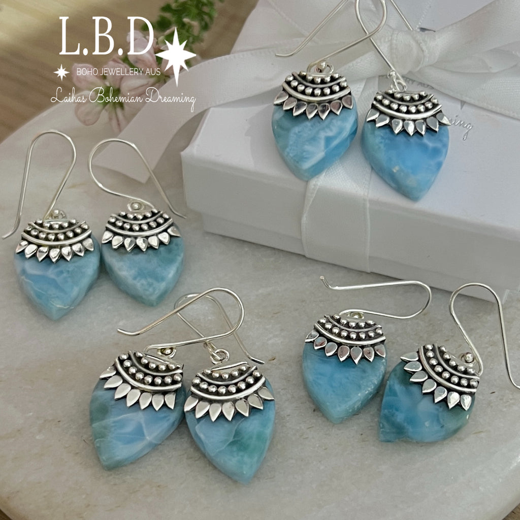 Laihas Harmonious Boho Larimar Earrings Gemstone Sterling Silver Earrings Laihas Bohemian Dreaming -L.B.D