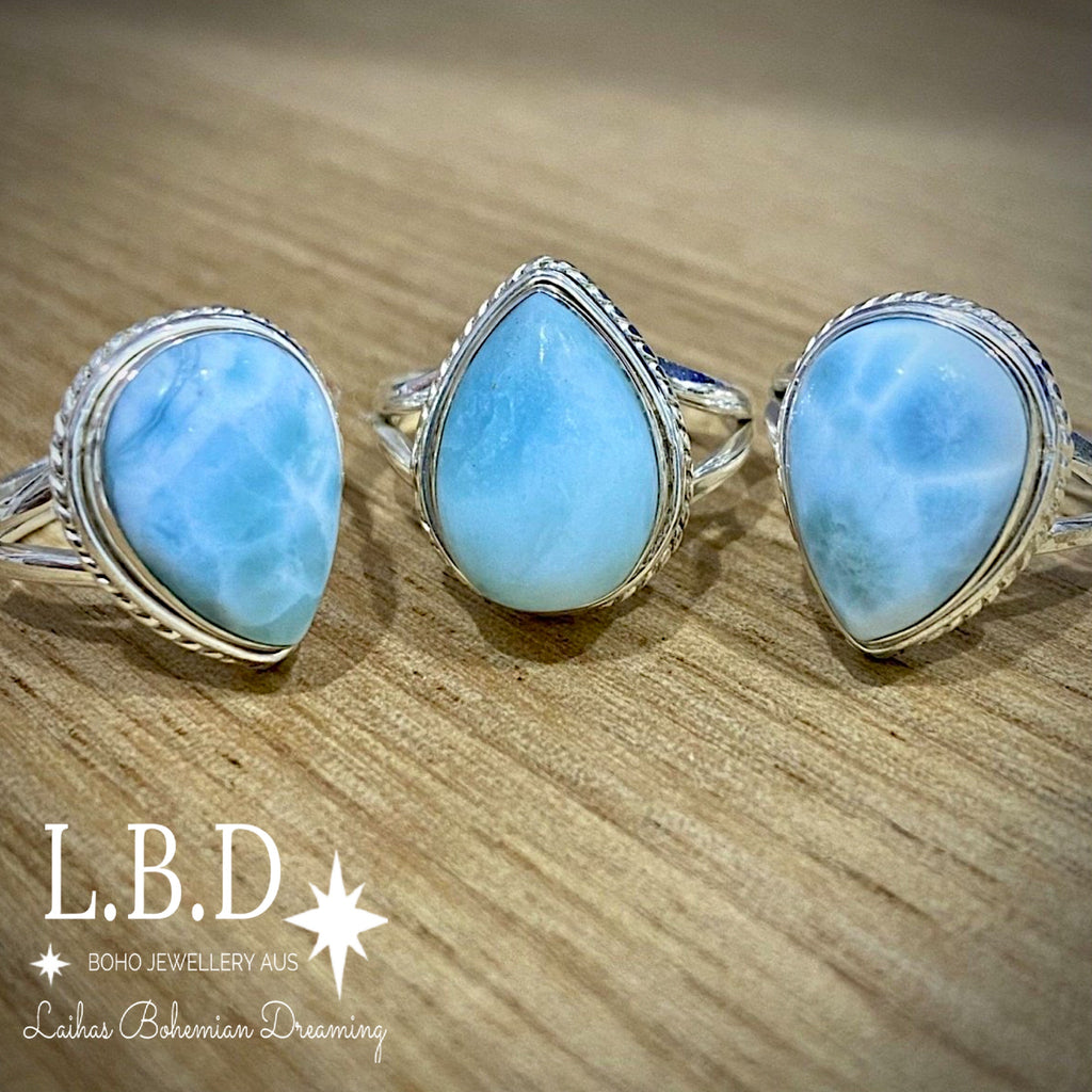 Larimar Ring- Laihas Twisted Raindrop Gemstone Sterling Silver Ring Laihas Bohemian Dreaming -L.B.D