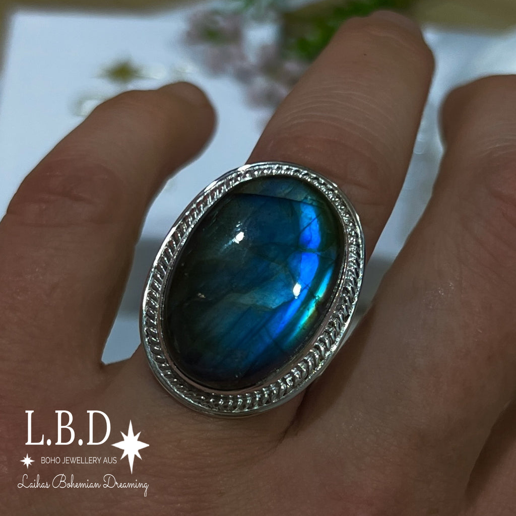 Gleaming Boho Statement Labradorite Ring - LBD Gemstone Sterling Silver Ring Laihas Bohemian Dreaming -L.B.D