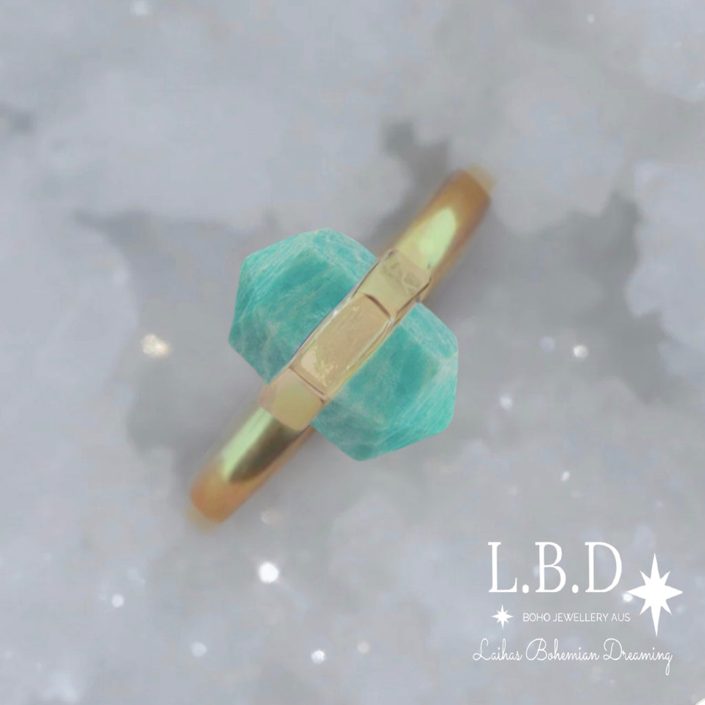 Laihas Gold Crystal Kindness Amazonite Ring Gemstone Gold Ring Laihas Bohemian Dreaming -L.B.D