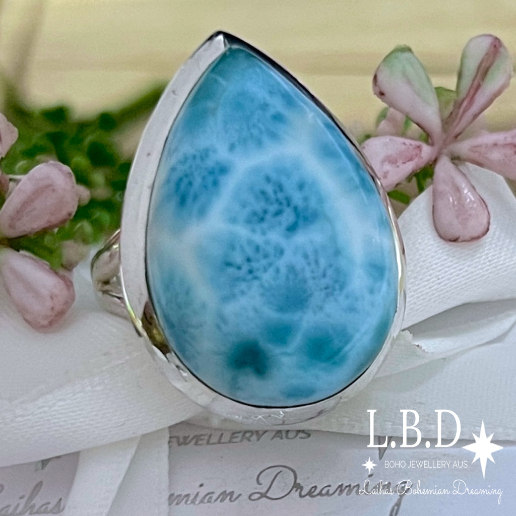 Larimar Ring- Laihas XLARGE Classic Boho Raindrop Gemstone Sterling Silver Ring Laihas Bohemian Dreaming -L.B.D