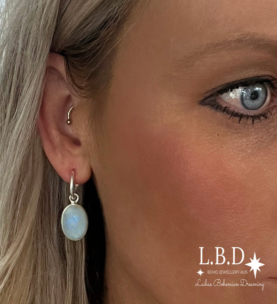 Laihas Iridescent Moonstone Hoop Earrings Gemstone Sterling Silver Earrings Laihas Bohemian Dreaming -L.B.D