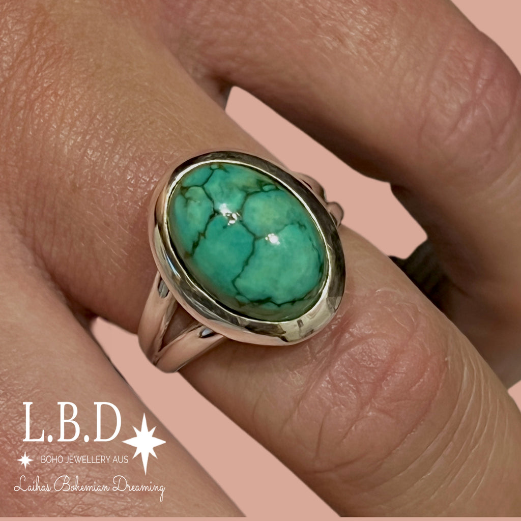 Laihas Classic Chic Oval Turquoise Ring Gemstone Sterling Silver Ring Laihas Bohemian Dreaming -L.B.D