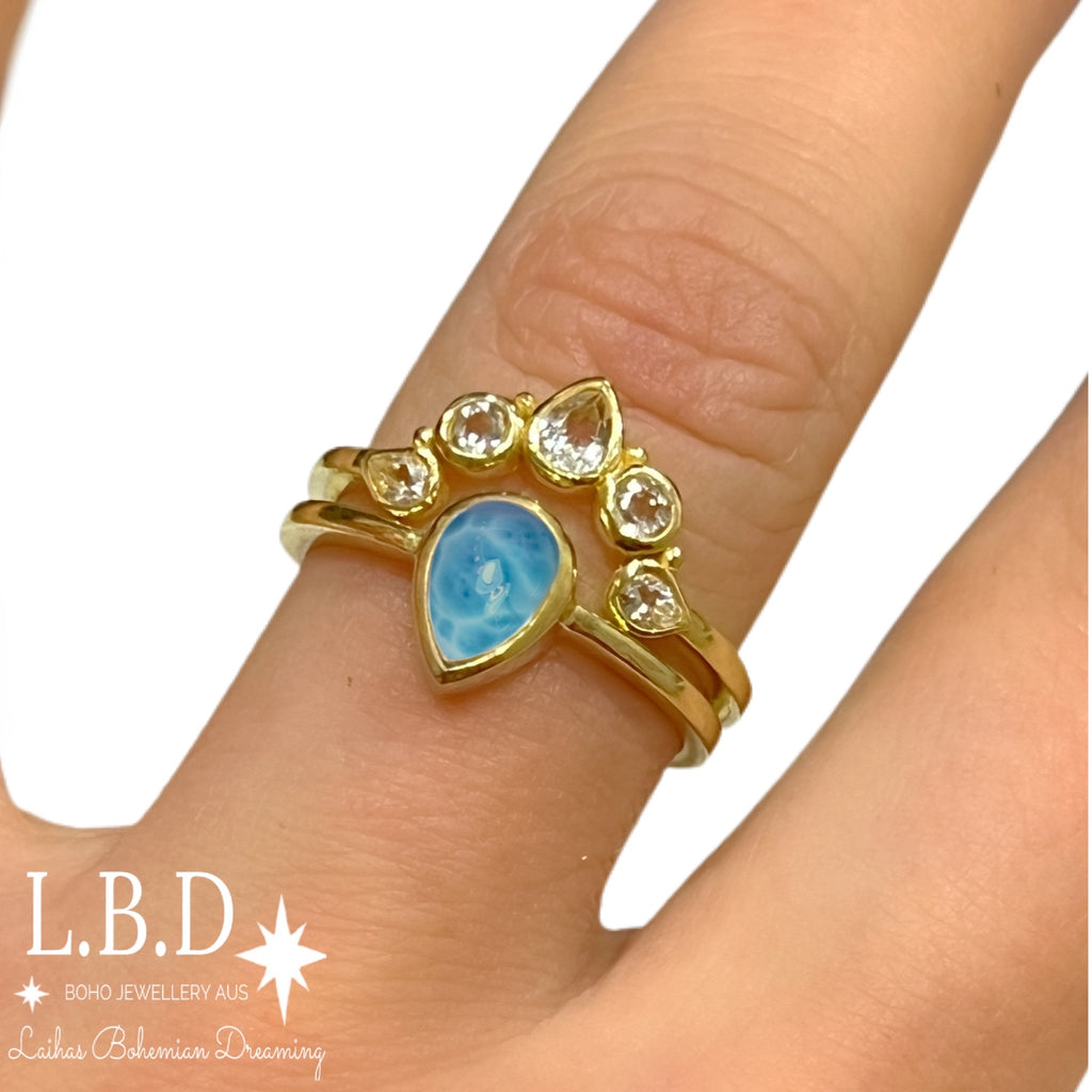 Laihas Queen Of Cups Gold Topaz and Larimar Ring Set Gold gemstone Ring Laihas Bohemian Dreaming -L.B.D