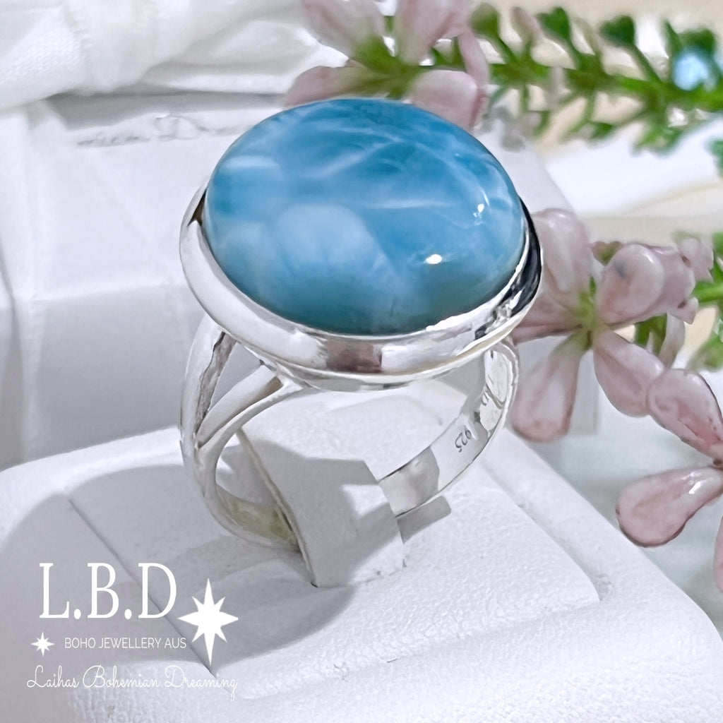 Larimar Ring- Large Round Classic Chic Gemstone Sterling Silver Ring Laihas Bohemian Dreaming -L.B.D