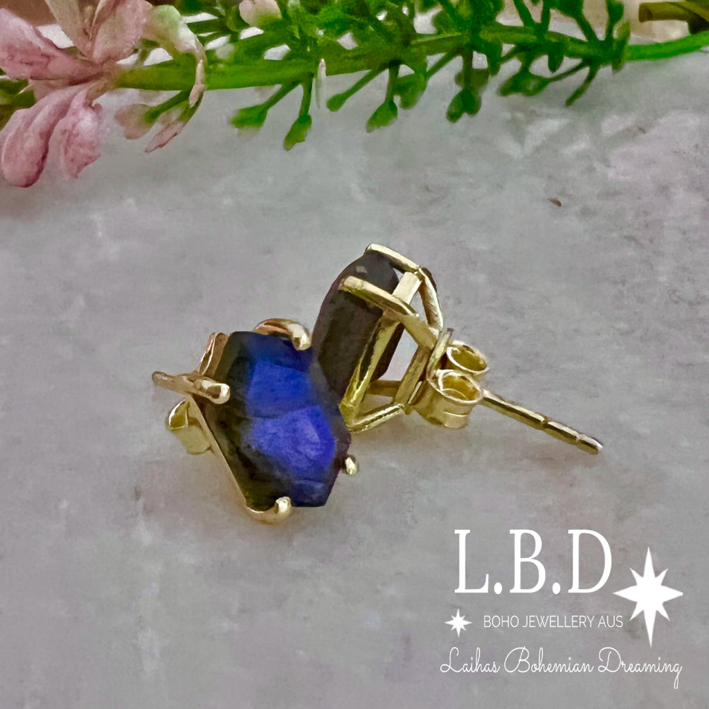 Laihas Hex Crystal Gold Labradorite Stud Earrings Gold Gemstone earrings Laihas Bohemian Dreaming -L.B.D