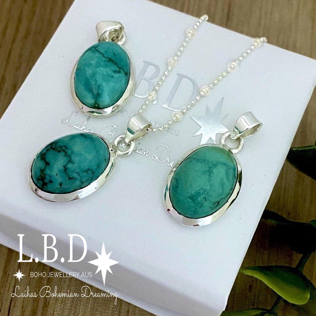 Laihas Classic Chic Oval Turquoise Necklace Gemstone Sterling Silver necklace Laihas Bohemian Dreaming -L.B.D