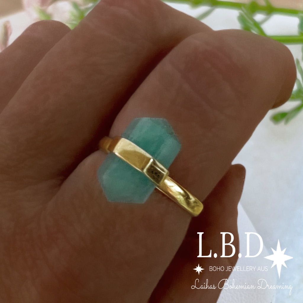 Laihas Gold Crystal Kindness Amazonite Ring Gemstone Gold Ring Laihas Bohemian Dreaming -L.B.D