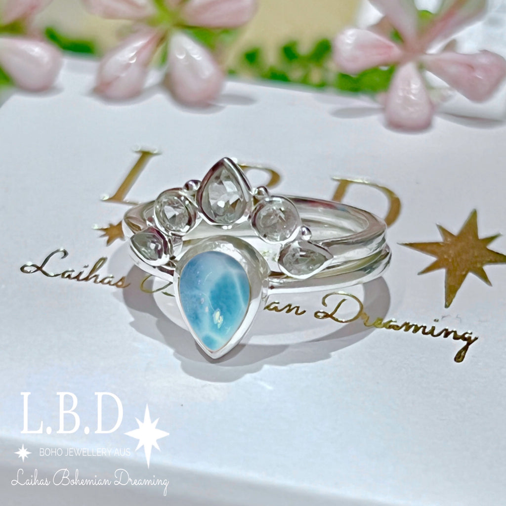Laihas Queen Of Cups Topaz and Larimar Ring Set Gemstone Sterling Silver Ring Laihas Bohemian Dreaming -L.B.D