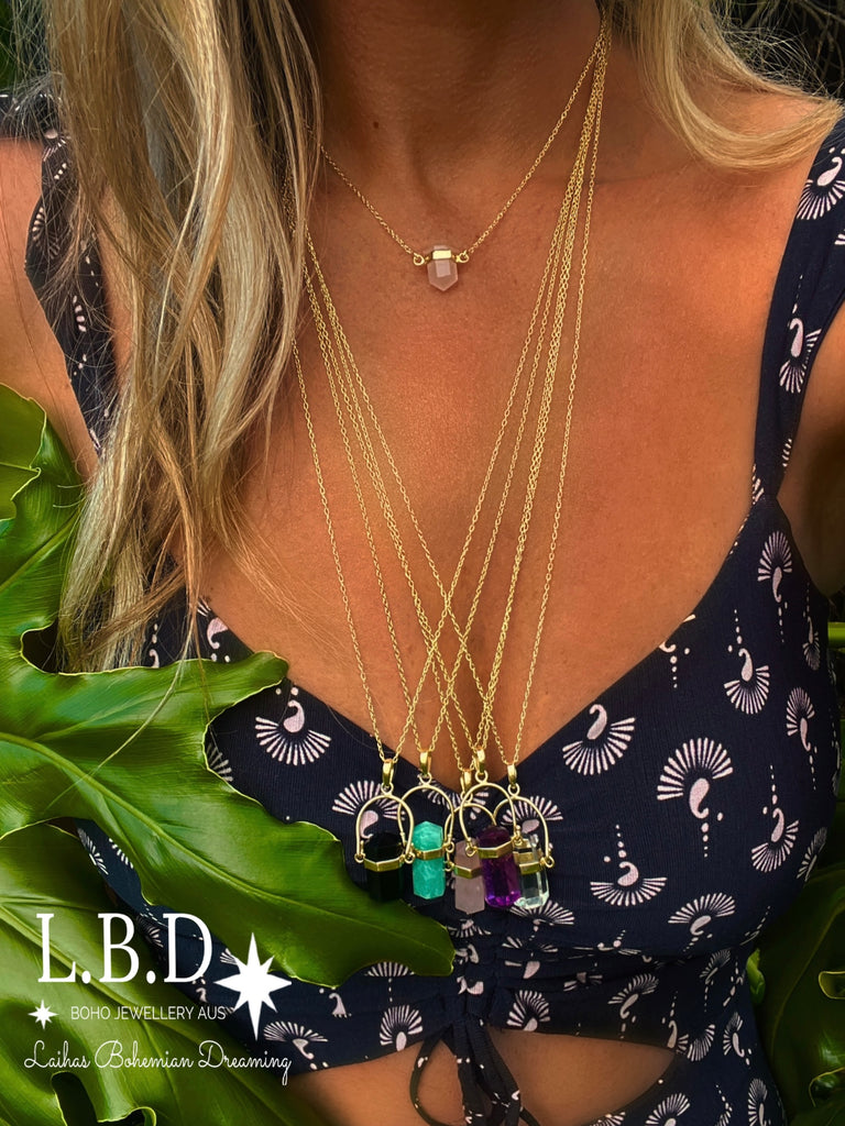 Laihas Large Crystal Kindness Gold Amethyst Necklace- Long Crystal Necklace Gold Gemstone Necklace Laihas Bohemian Dreaming -L.B.D