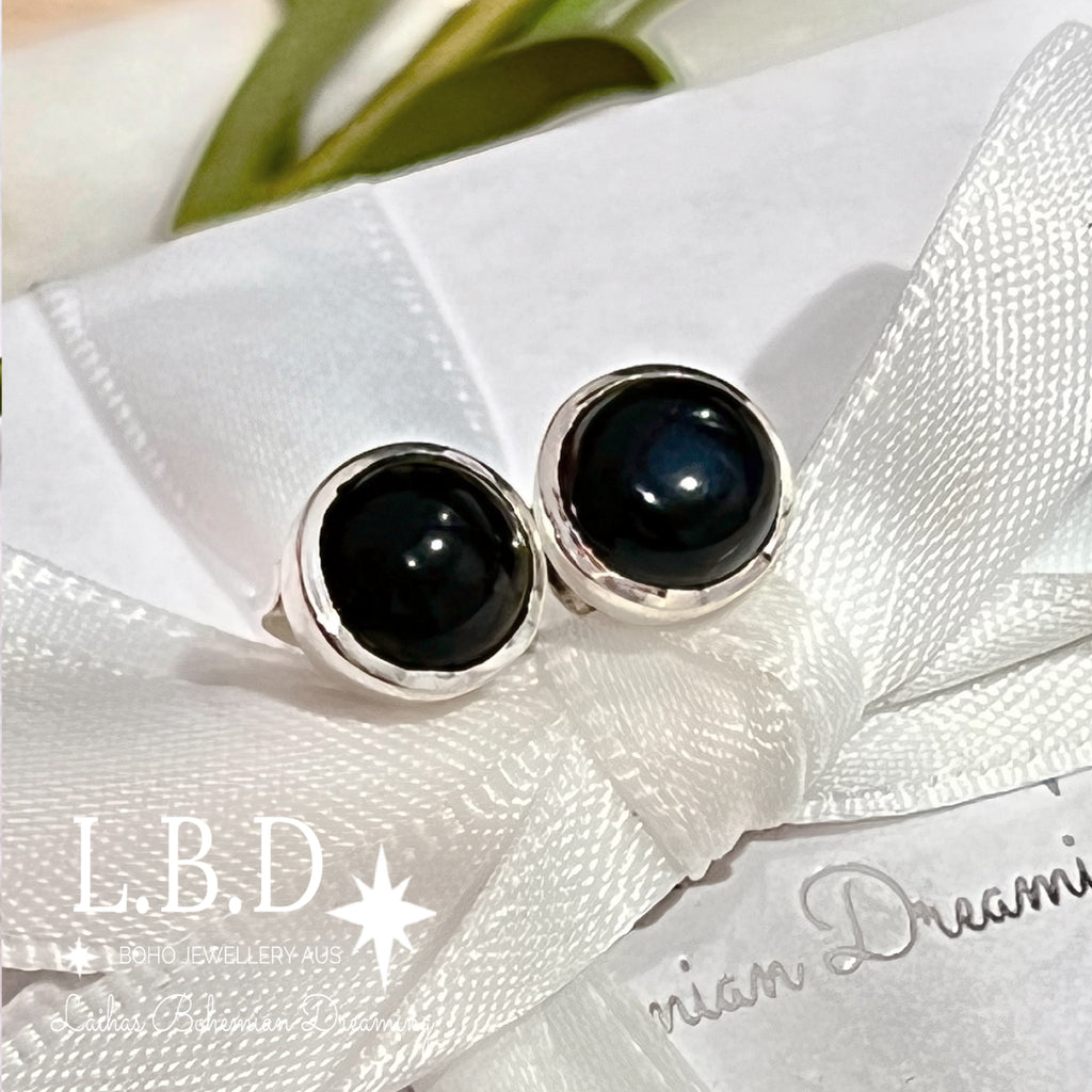 Laihas Classic Round Onyx Stud Earrings Gemstone Sterling Silver Earrings Laihas Bohemian Dreaming -L.B.D