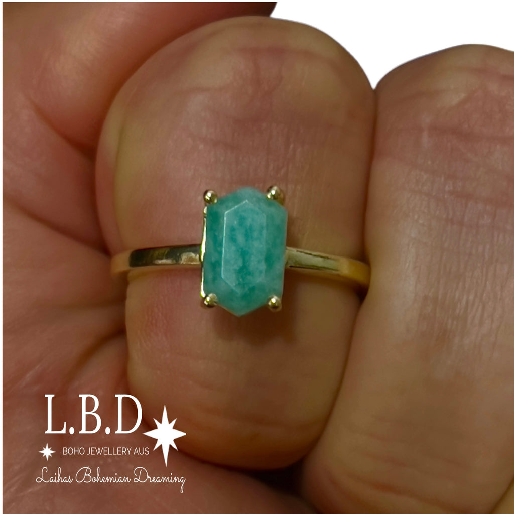 Laihas Gold Mini Hex Crystal Amazonite Ring Gemstone Gold Ring Laihas Bohemian Dreaming -L.B.D
