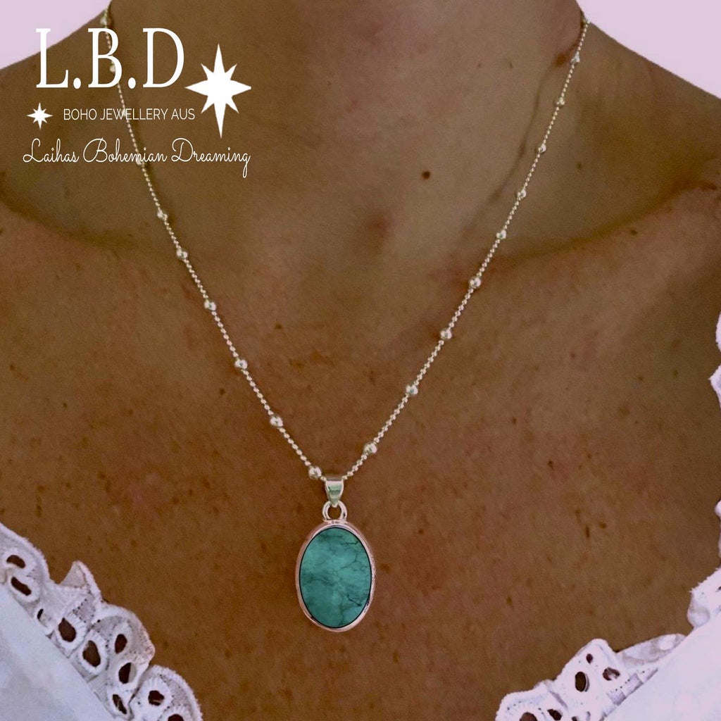 Laihas Classic Chic Oval Turquoise Necklace Gemstone Sterling Silver necklace Laihas Bohemian Dreaming -L.B.D