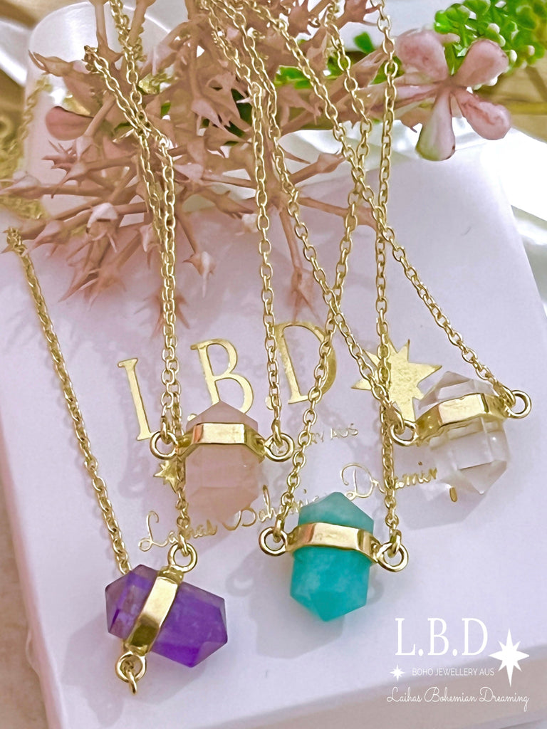 Laihas Crystal Kindness Gold Rose Quartz Necklace Gold Gemstone Necklace Laihas Bohemian Dreaming -L.B.D