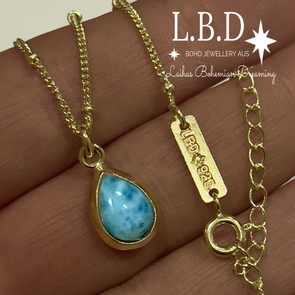Laihas Mini Classic Chic Gold Larimar Necklace Gold Gemstone Necklace Laihas Bohemian Dreaming -L.B.D