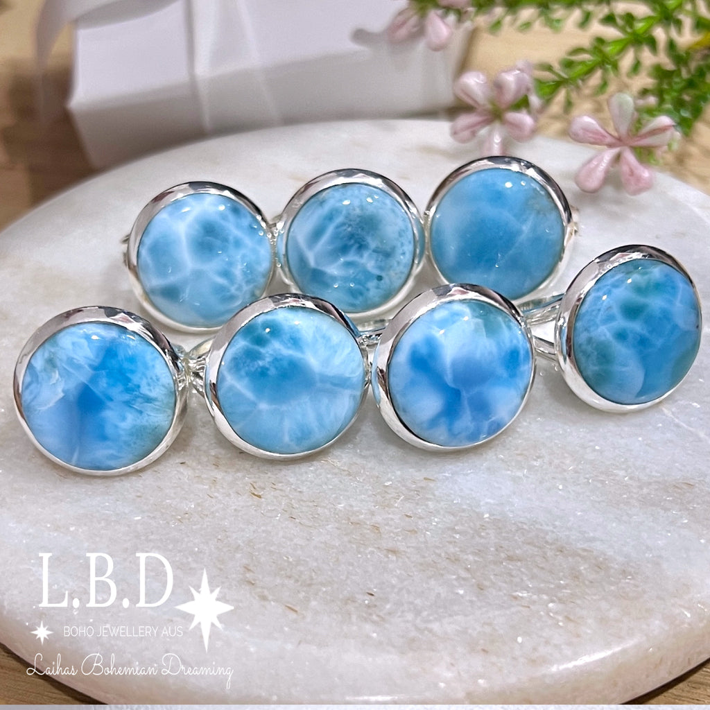 Larimar Ring- Large Round Classic Chic Gemstone Sterling Silver Ring Laihas Bohemian Dreaming -L.B.D