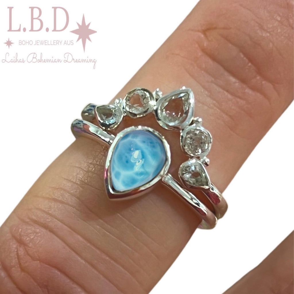 Laihas Queen Of Cups Topaz and Larimar Ring Set Gemstone Sterling Silver Ring Laihas Bohemian Dreaming -L.B.D