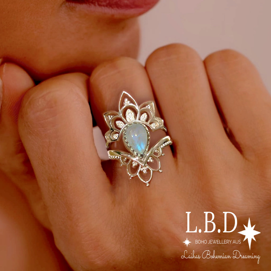 Laihas Daisly Boho Moonstone Ring Set Gemstone Sterling Silver Ring Laihas Bohemian Dreaming -L.B.D