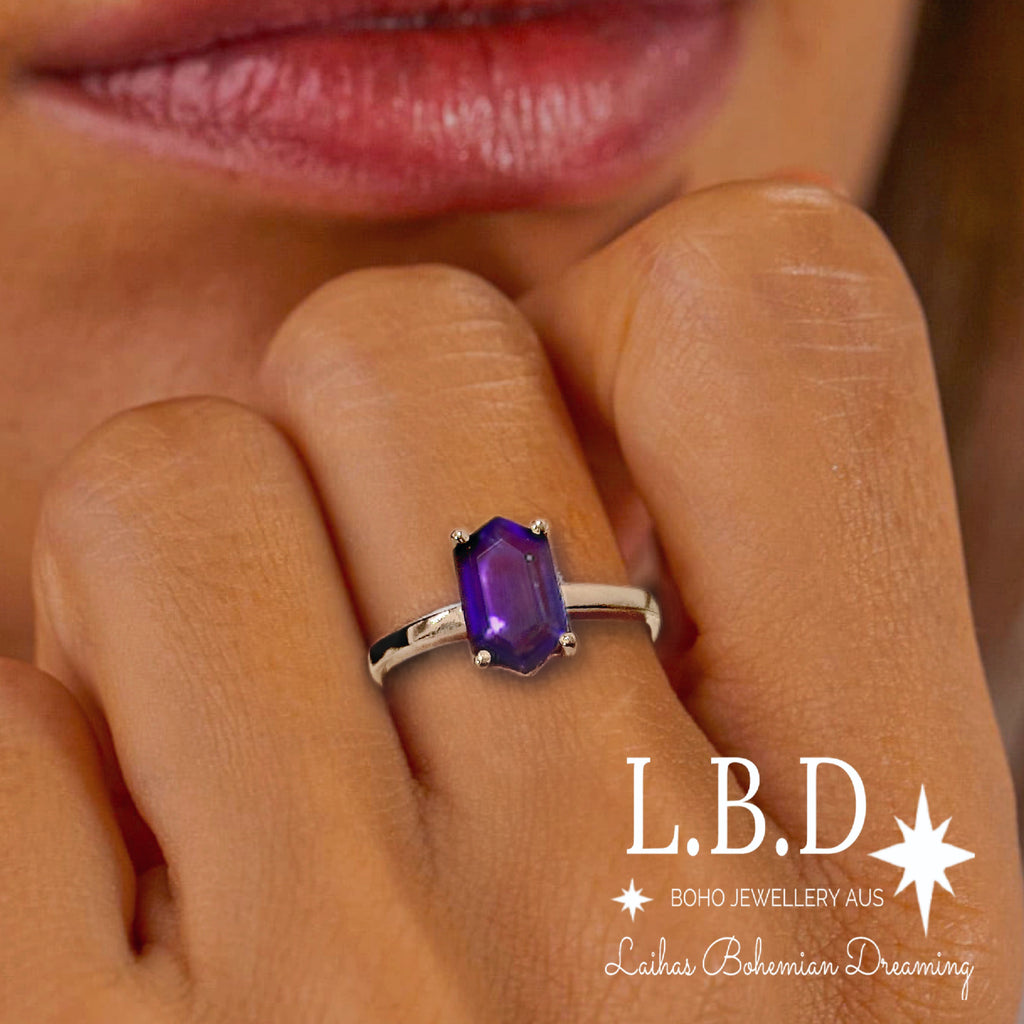 Laihas Mini Hex Crystal Amethyst Ring Gemstone Sterling Silver Ring Laihas Bohemian Dreaming -L.B.D