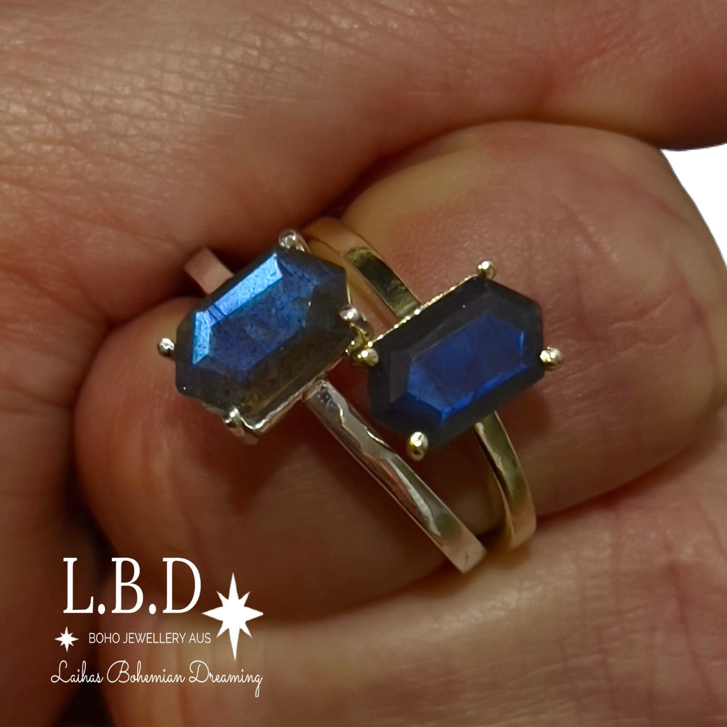 Laihas Gold Mini Hex Crystal Labradorite Ring Gemstone Gold Ring Laihas Bohemian Dreaming -L.B.D