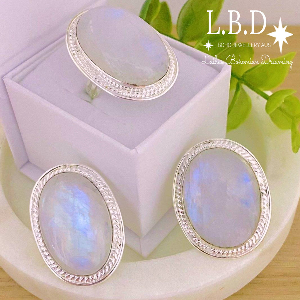 Gleaming Boho Statement Moonstone Ring - LBD Gemstone Sterling Silver Ring Laihas Bohemian Dreaming -L.B.D