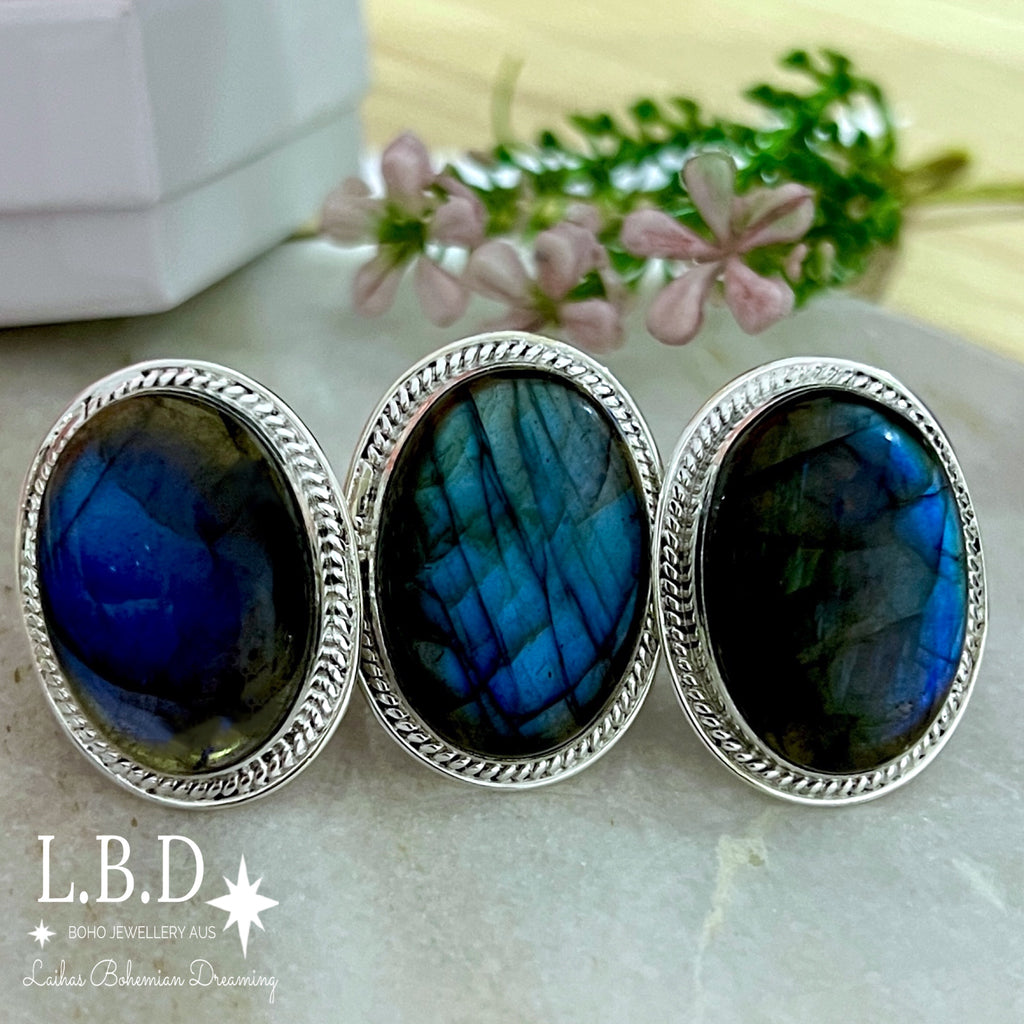 Gleaming Boho Statement Labradorite Ring - LBD Gemstone Sterling Silver Ring Laihas Bohemian Dreaming -L.B.D