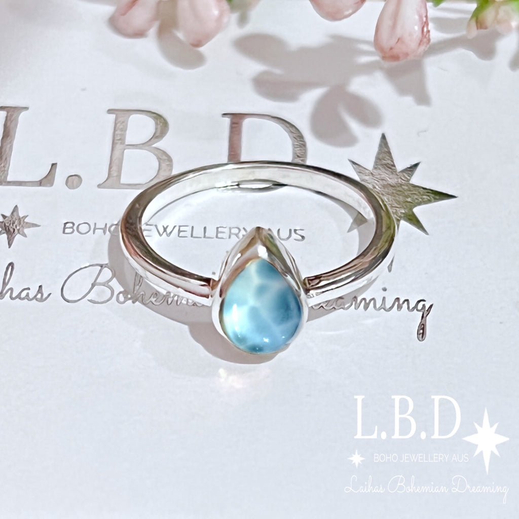 Laihas Mini Tearing Spirit Larimar Ring Gemstone Sterling Silver Ring Laihas Bohemian Dreaming -L.B.D
