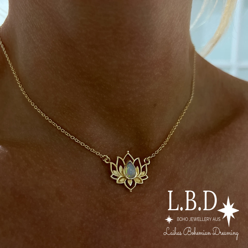 Laihas Lotus Flower Choker Style Opal Necklace-Gold Gold Gemstone Necklace Laihas Bohemian Dreaming -L.B.D
