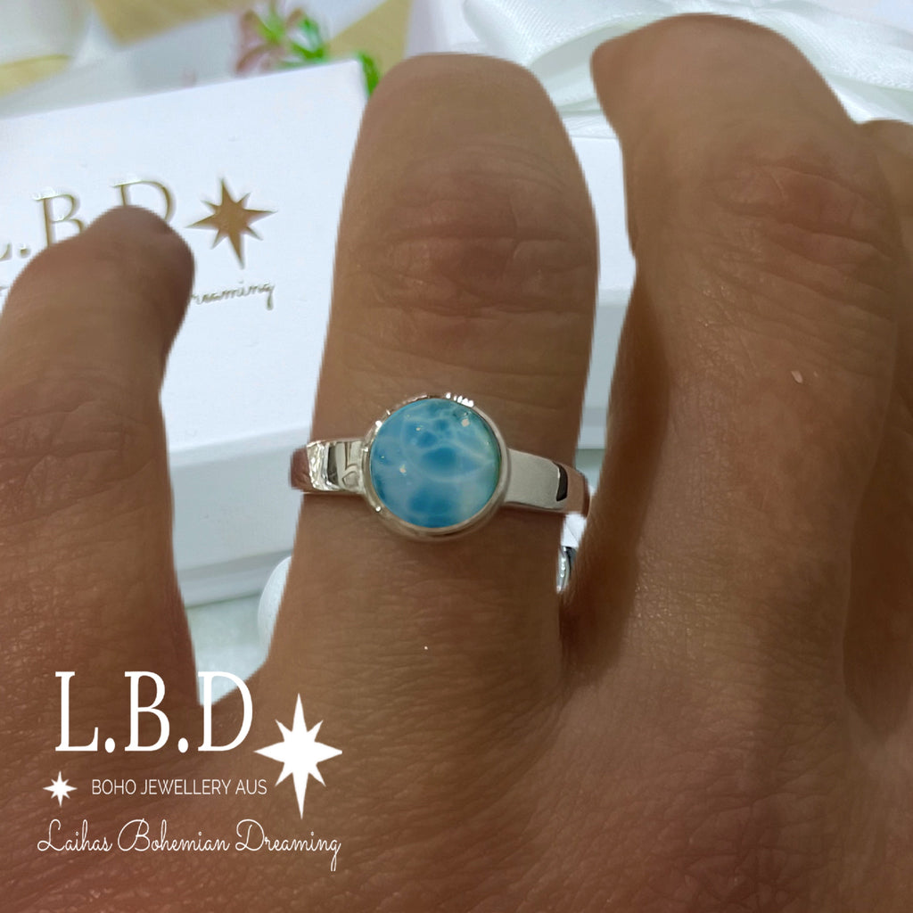 Larimar Ring- Elegant Small Round Larimar Gemstone Sterling Silver Ring Laihas Bohemian Dreaming -L.B.D