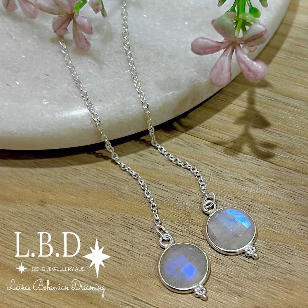 Laihas Free Spirit Threader Moonstone Earrings Gemstone Sterling Silver Earrings Laihas Bohemian Dreaming -L.B.D