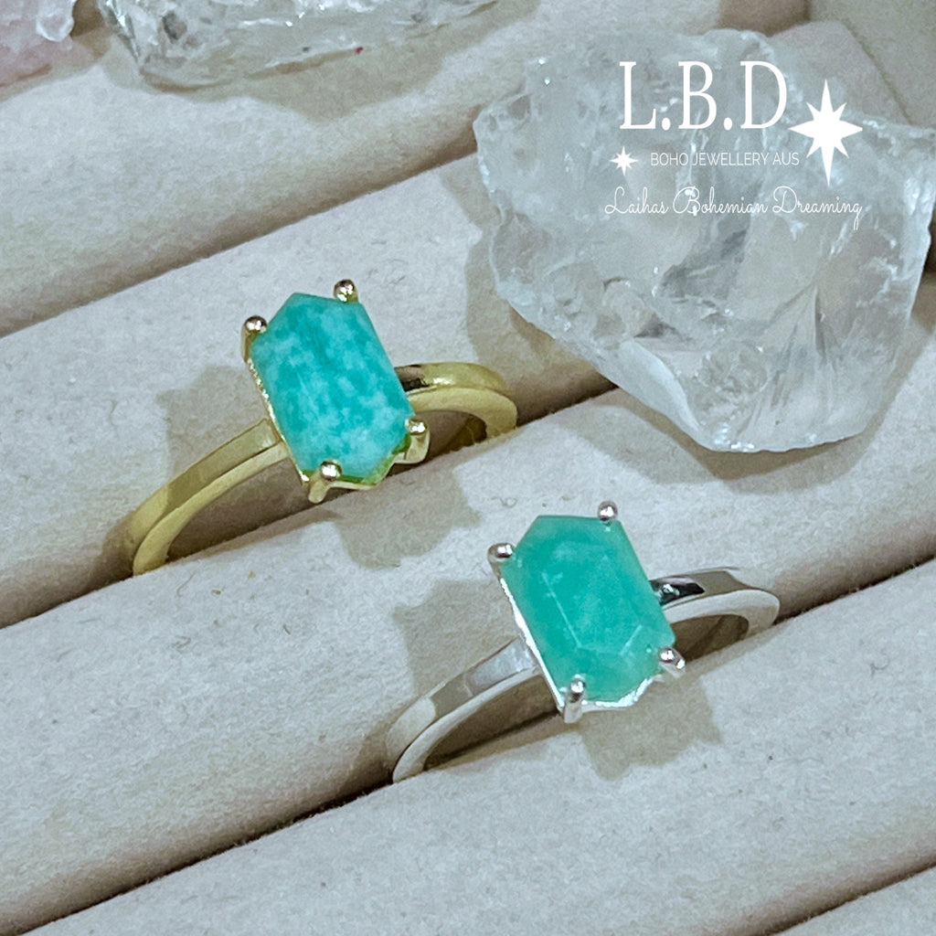 Laihas Gold Mini Hex Crystal Amazonite Ring Gemstone Gold Ring Laihas Bohemian Dreaming -L.B.D