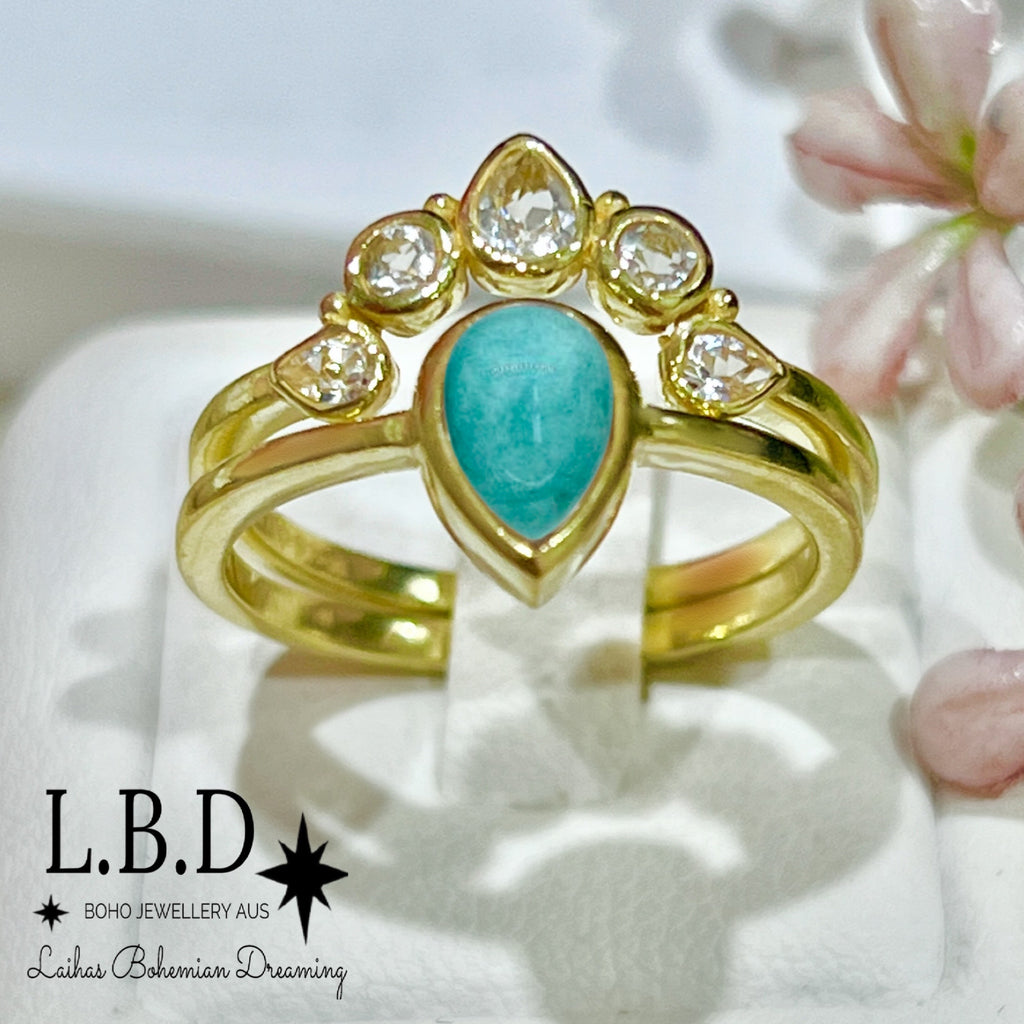 Laihas Queen Of Cups Gold Topaz and Amazonite Ring Set Gold gemstone Ring Laihas Bohemian Dreaming -L.B.D