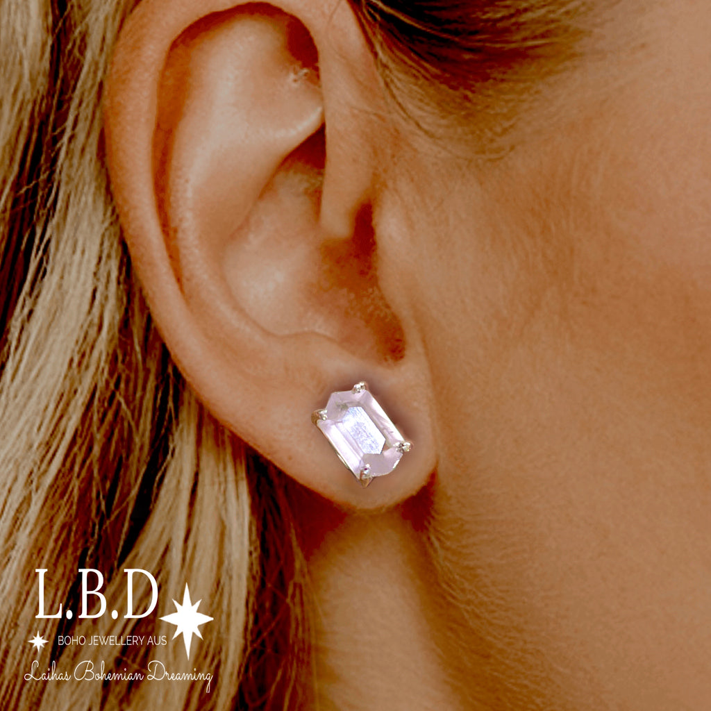 Laihas Hex Crystal Rose Quartz Stud Earrings Gemstone Sterling Silver Earrings Laihas Bohemian Dreaming -L.B.D