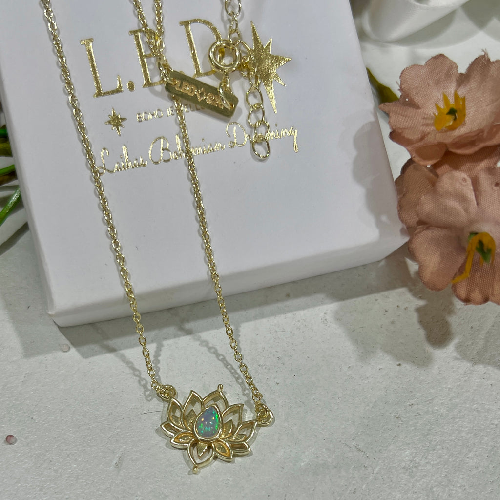 Laihas Lotus Flower Choker Style Opal Necklace-Gold Gold Gemstone Necklace Laihas Bohemian Dreaming -L.B.D