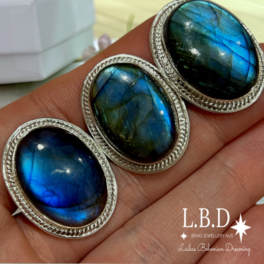 Gleaming Boho Statement Labradorite Ring - LBD Gemstone Sterling Silver Ring Laihas Bohemian Dreaming -L.B.D